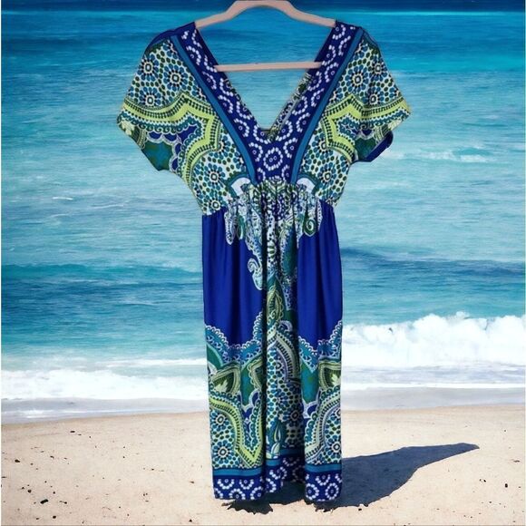 Maurices Vibrant Blue Paisley Print Double V Dolman Sleeve Swim Cover-up Dress - Picture 2 of 12